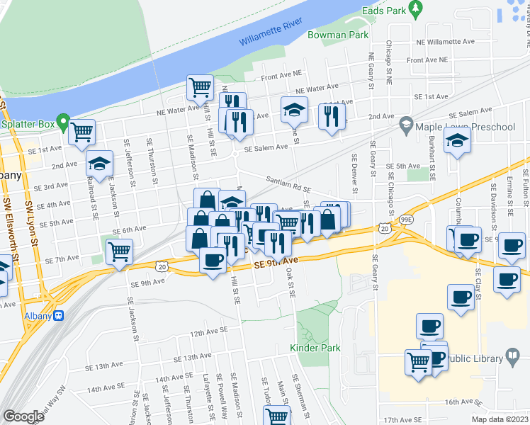 map of restaurants, bars, coffee shops, grocery stores, and more near 1185 Southeast 6th Avenue in Albany