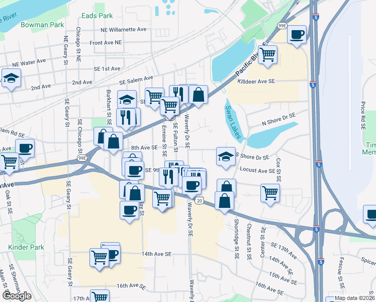 map of restaurants, bars, coffee shops, grocery stores, and more near 728 Southeast Waverly Drive in Albany