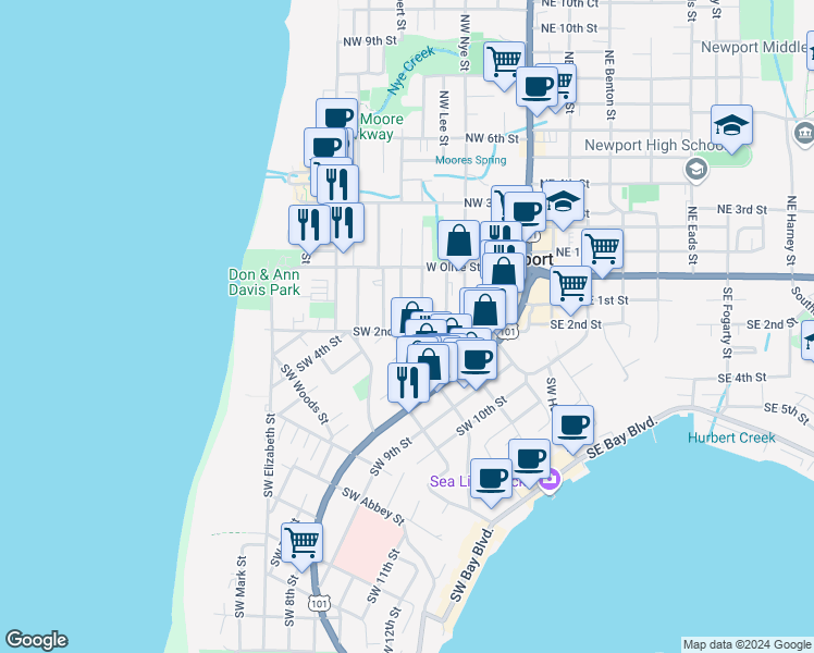 map of restaurants, bars, coffee shops, grocery stores, and more near 106 Southwest Cottage Street in Newport