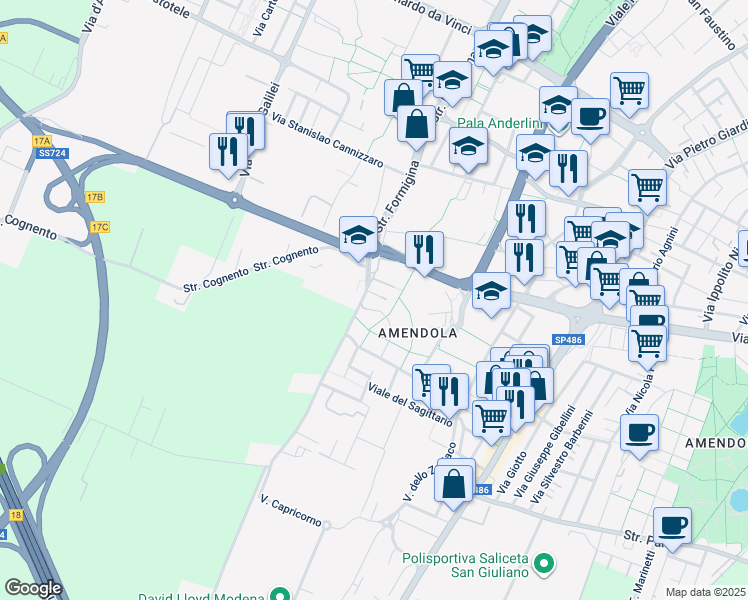 map of restaurants, bars, coffee shops, grocery stores, and more near 365 Strada Formigina in Modena