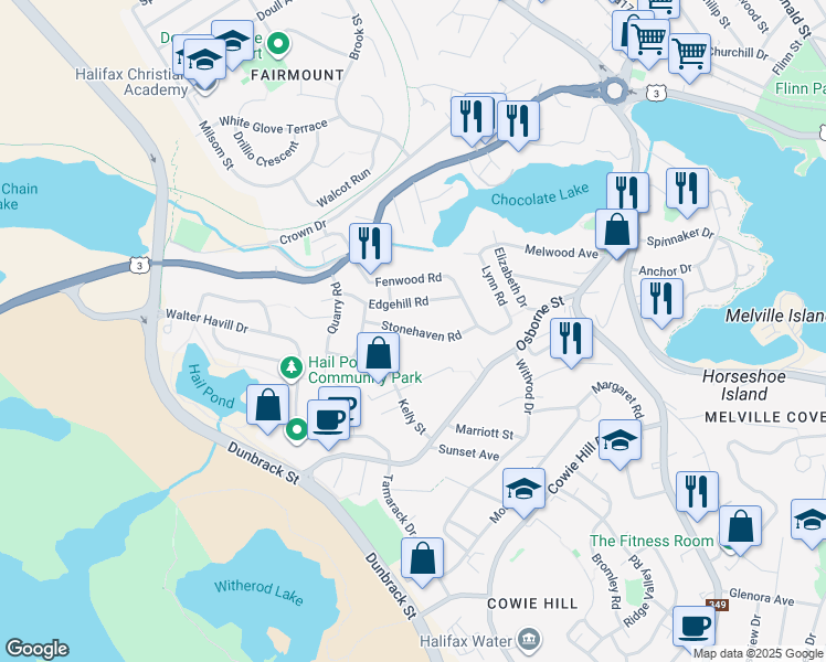 map of restaurants, bars, coffee shops, grocery stores, and more near Stonehaven Road in Halifax
