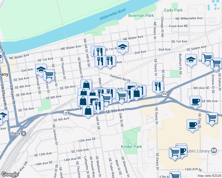 map of restaurants, bars, coffee shops, grocery stores, and more near 1215 Southeast 6th Avenue in Albany