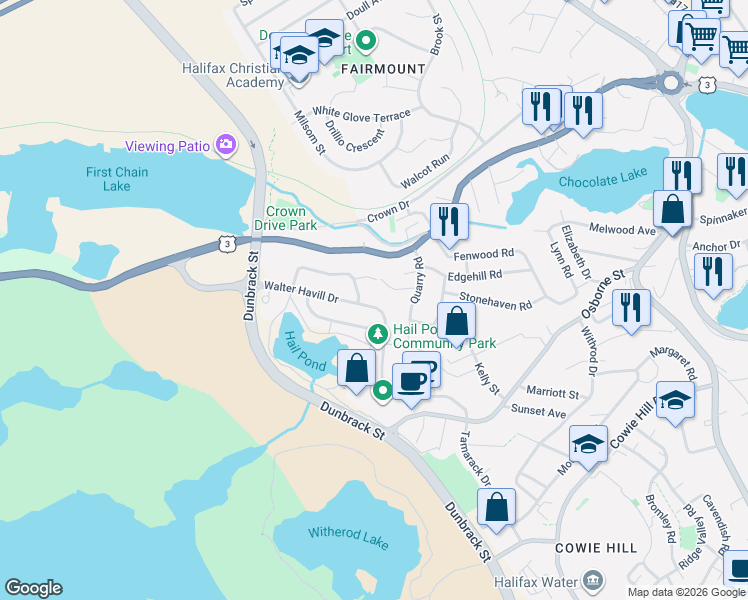 map of restaurants, bars, coffee shops, grocery stores, and more near 123 Walter Havill Drive in Halifax
