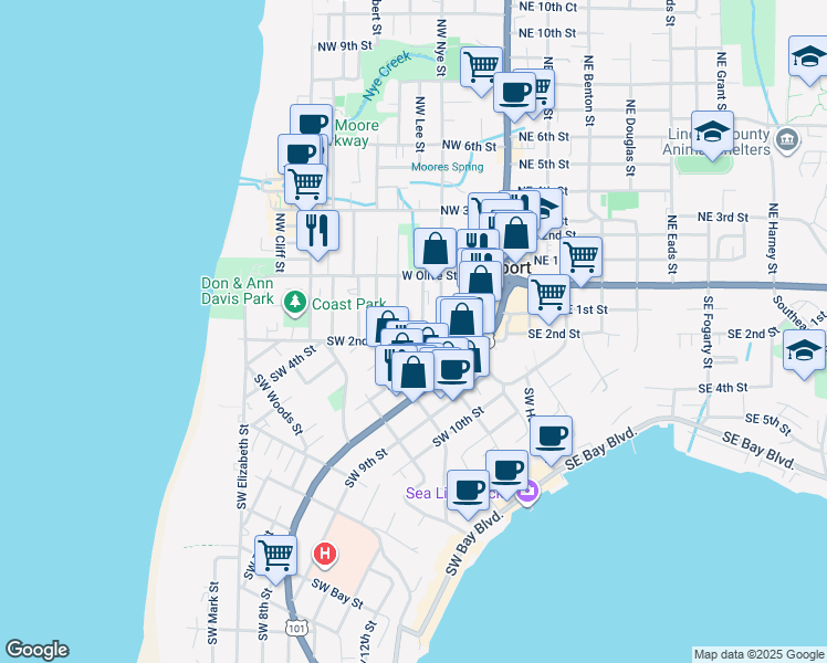 map of restaurants, bars, coffee shops, grocery stores, and more near 36 SW Nye St in Newport