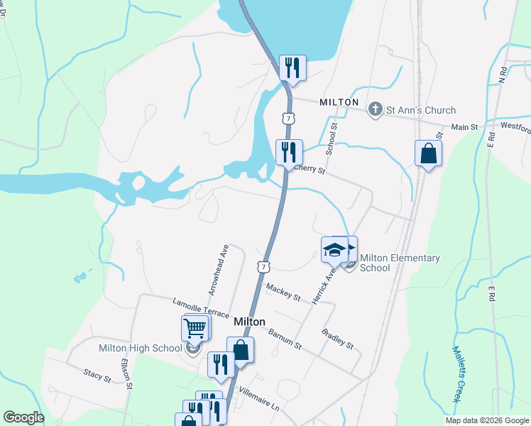 map of restaurants, bars, coffee shops, grocery stores, and more near 61 U.S. 7 in Milton