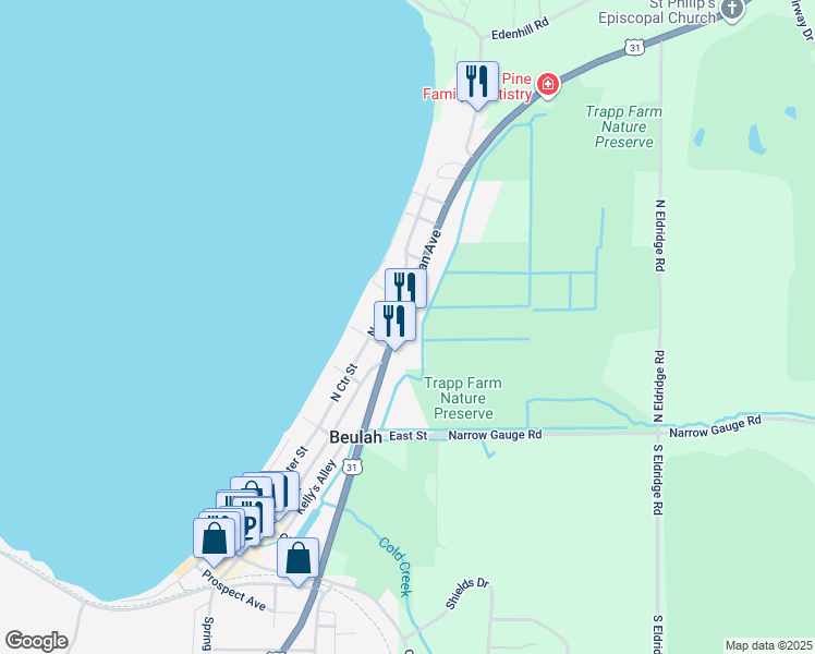 map of restaurants, bars, coffee shops, grocery stores, and more near 187 North Michigan Avenue in Beulah