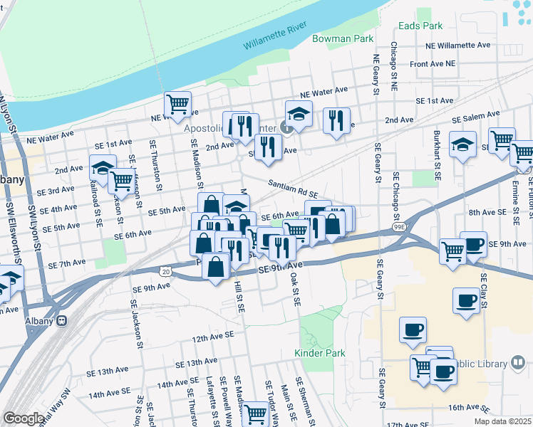 map of restaurants, bars, coffee shops, grocery stores, and more near 1215 Southeast 6th Avenue in Albany
