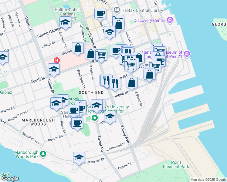 map of restaurants, bars, coffee shops, grocery stores, and more near 5680 Rhuland Street in Halifax