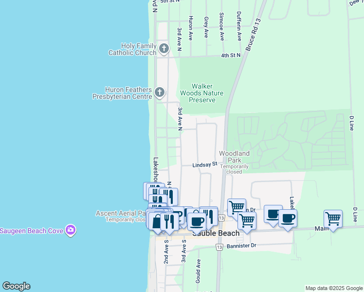 map of restaurants, bars, coffee shops, grocery stores, and more near 151 3rd Avenue North in Sauble Beach