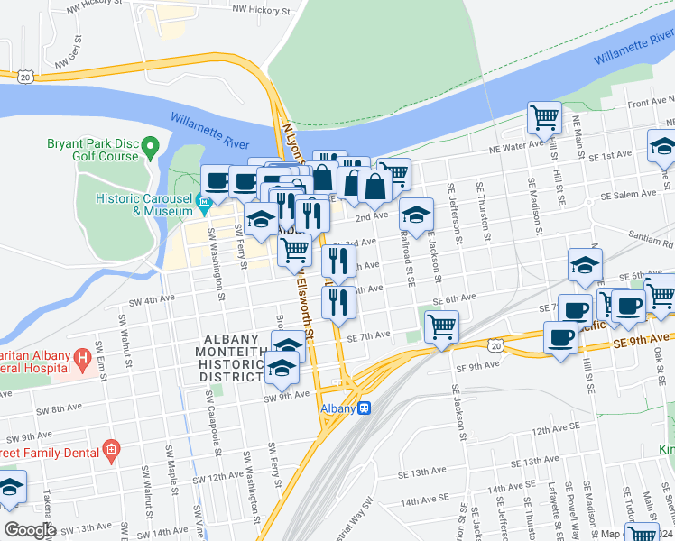 map of restaurants, bars, coffee shops, grocery stores, and more near 139 Southeast 4th Avenue in Albany