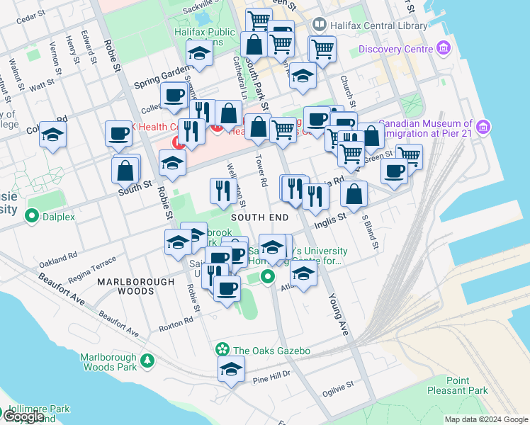 map of restaurants, bars, coffee shops, grocery stores, and more near in Halifax