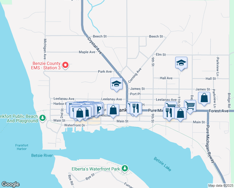 map of restaurants, bars, coffee shops, grocery stores, and more near 613 Leelanau Avenue in Frankfort