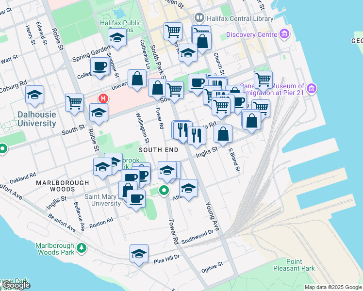 map of restaurants, bars, coffee shops, grocery stores, and more near 1030 South Park Street in Halifax