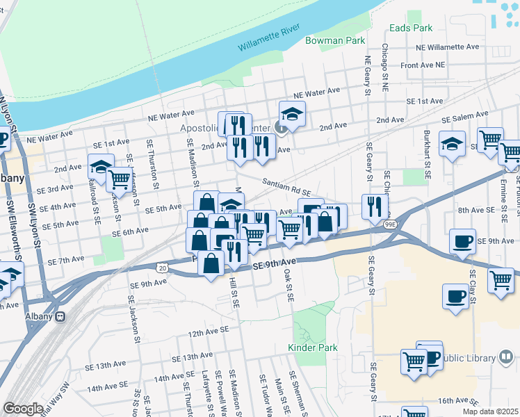 map of restaurants, bars, coffee shops, grocery stores, and more near 1153 Southeast 6th Avenue in Albany