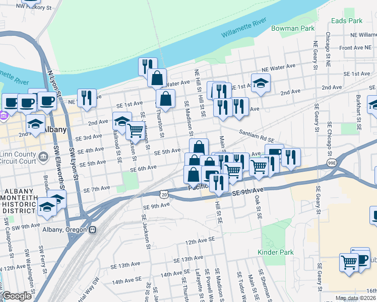 map of restaurants, bars, coffee shops, grocery stores, and more near 839 Southeast 5th Avenue in Albany