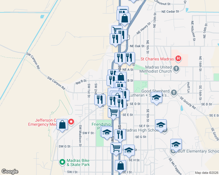 map of restaurants, bars, coffee shops, grocery stores, and more near 12 Southwest 4th Street in Madras
