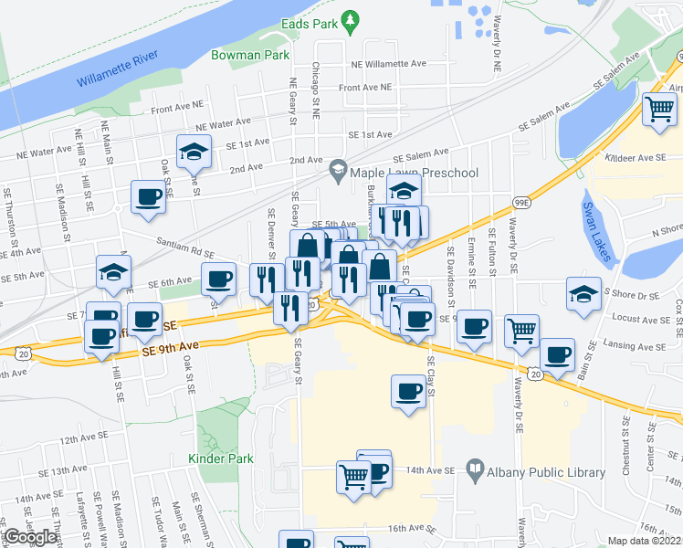 map of restaurants, bars, coffee shops, grocery stores, and more near 1999 Pacific Boulevard Southeast in Albany