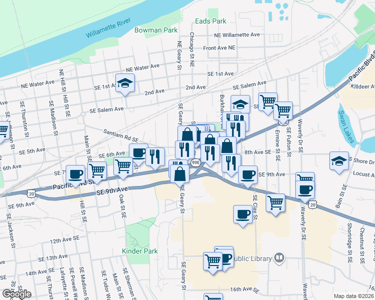 map of restaurants, bars, coffee shops, grocery stores, and more near 1857 Santiam Road Southeast in Albany