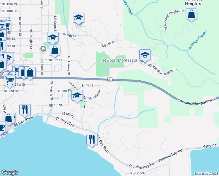 map of restaurants, bars, coffee shops, grocery stores, and more near 1299 SE 1st St in Newport
