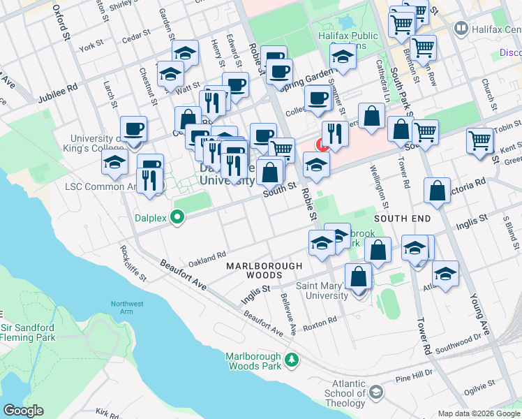 map of restaurants, bars, coffee shops, grocery stores, and more near 1162 Waterloo Street in Halifax