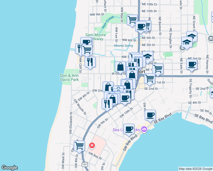 map of restaurants, bars, coffee shops, grocery stores, and more near 106 Southwest Cottage Street in Newport