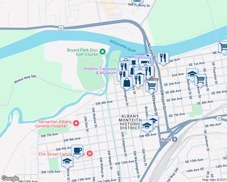 map of restaurants, bars, coffee shops, grocery stores, and more near 635 Southwest 3rd Avenue in Albany