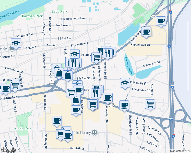 map of restaurants, bars, coffee shops, grocery stores, and more near 745 Ermine Street Southeast in Albany
