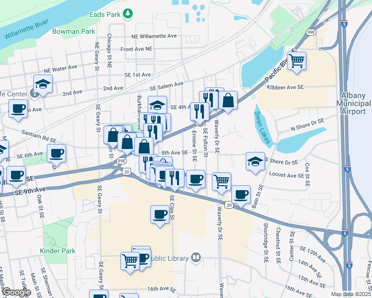 map of restaurants, bars, coffee shops, grocery stores, and more near 2284 Pacific Boulevard Southeast in Albany