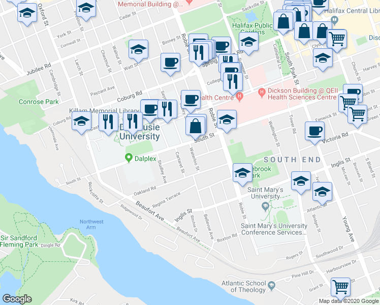 map of restaurants, bars, coffee shops, grocery stores, and more near 1162 Waterloo Street in Halifax