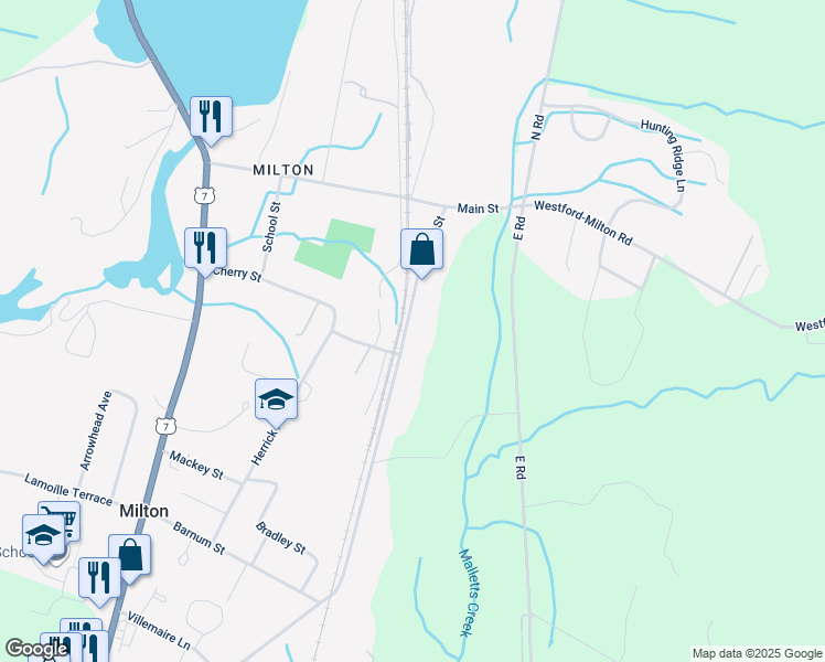 map of restaurants, bars, coffee shops, grocery stores, and more near 48 Railroad Street in Milton