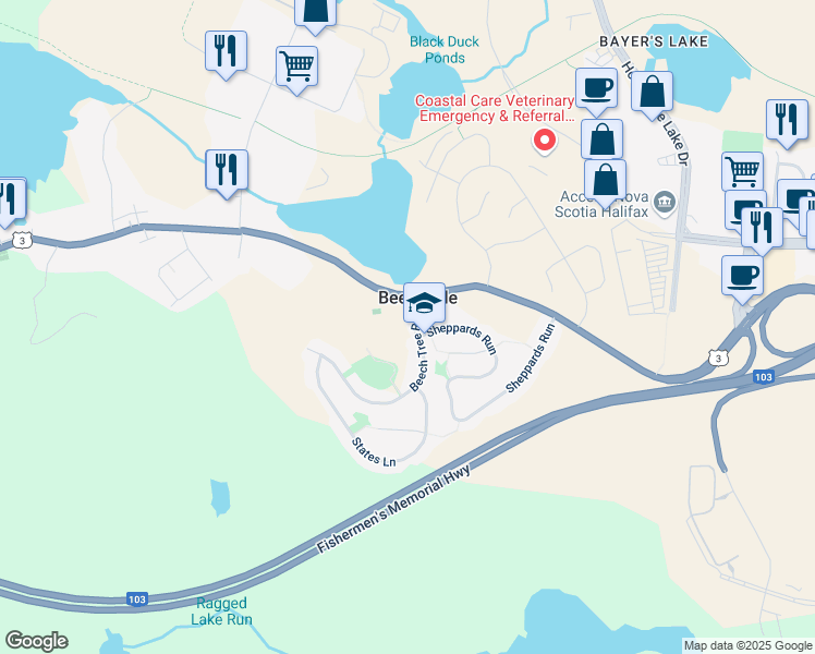 map of restaurants, bars, coffee shops, grocery stores, and more near 27 Beech Tree Run in Beechville
