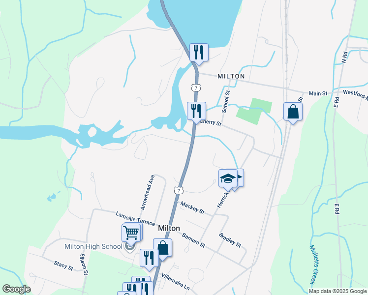 map of restaurants, bars, coffee shops, grocery stores, and more near 61 U.S. 7 in Milton