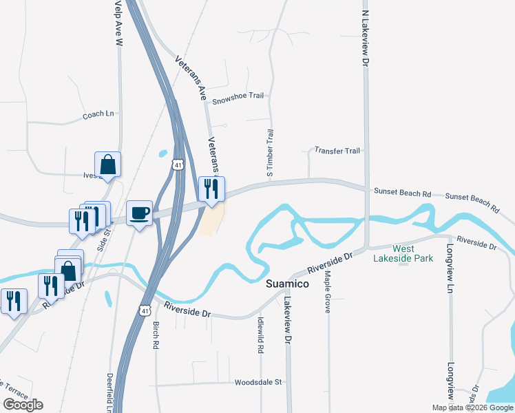 map of restaurants, bars, coffee shops, grocery stores, and more near 1463 Sunset Beach Rd in Suamico
