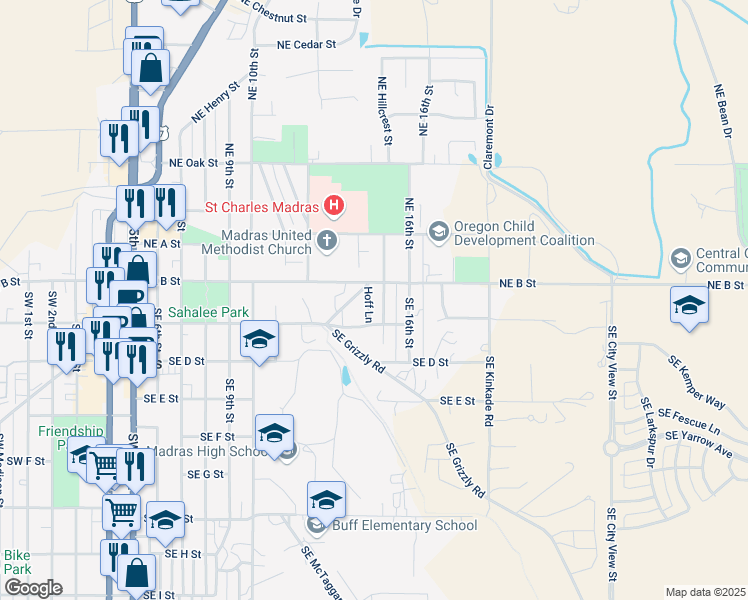 map of restaurants, bars, coffee shops, grocery stores, and more near 36 Southeast Hillcrest Street in Madras