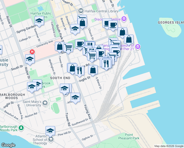 map of restaurants, bars, coffee shops, grocery stores, and more near 5505 Inglis Street in Halifax
