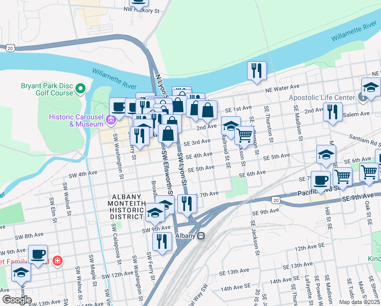map of restaurants, bars, coffee shops, grocery stores, and more near 139 Southeast 4th Avenue in Albany