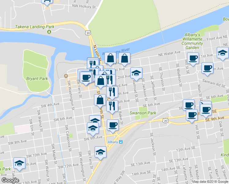 map of restaurants, bars, coffee shops, grocery stores, and more near 139 Southeast 4th Avenue in Albany