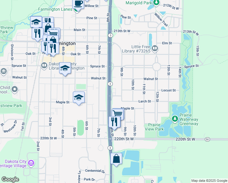 map of restaurants, bars, coffee shops, grocery stores, and more near 705 8th Street in Farmington