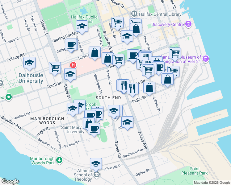 map of restaurants, bars, coffee shops, grocery stores, and more near 5742 Victoria Road in Halifax