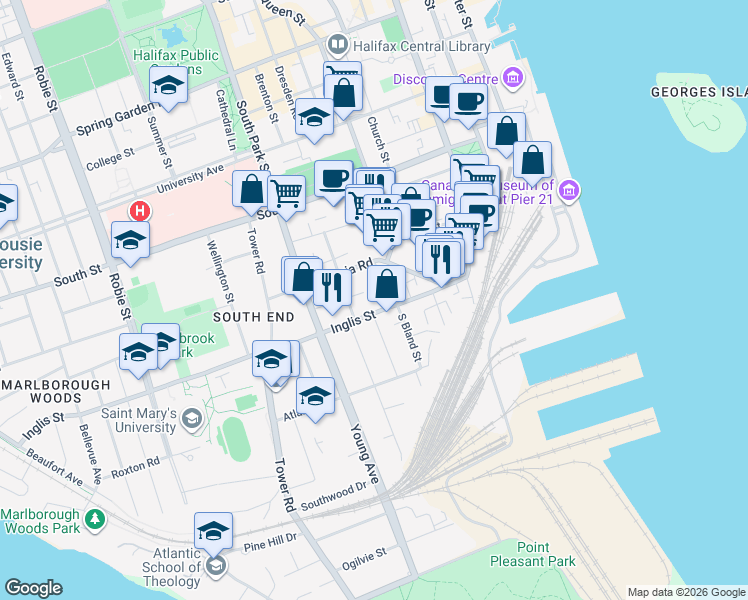 map of restaurants, bars, coffee shops, grocery stores, and more near 5523 Inglis Street in Halifax
