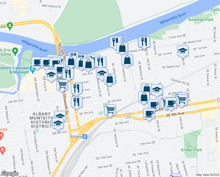map of restaurants, bars, coffee shops, grocery stores, and more near 425 Southeast Jackson Street in Albany