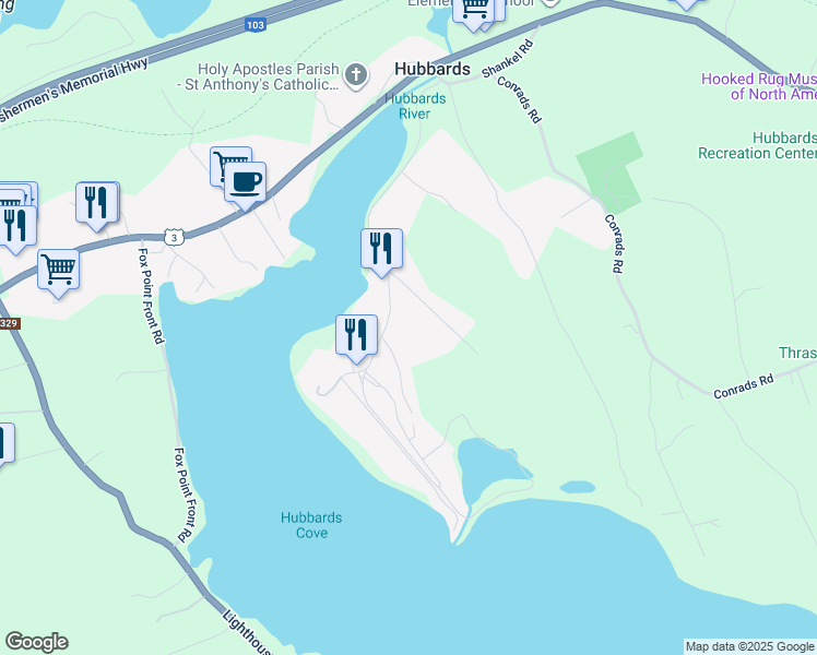 map of restaurants, bars, coffee shops, grocery stores, and more near 184 Shore Club Road in Hubbards