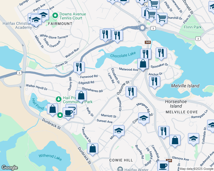 map of restaurants, bars, coffee shops, grocery stores, and more near 50 Fenwood Road in Halifax