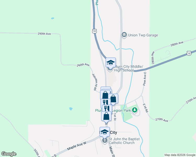 map of restaurants, bars, coffee shops, grocery stores, and more near 828 Main Street in Plum City