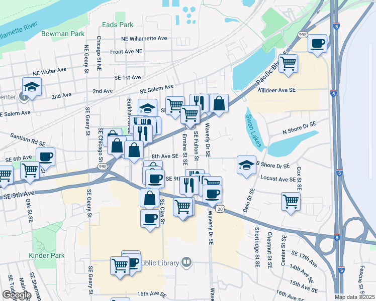 map of restaurants, bars, coffee shops, grocery stores, and more near 745 Ermine Street Southeast in Albany