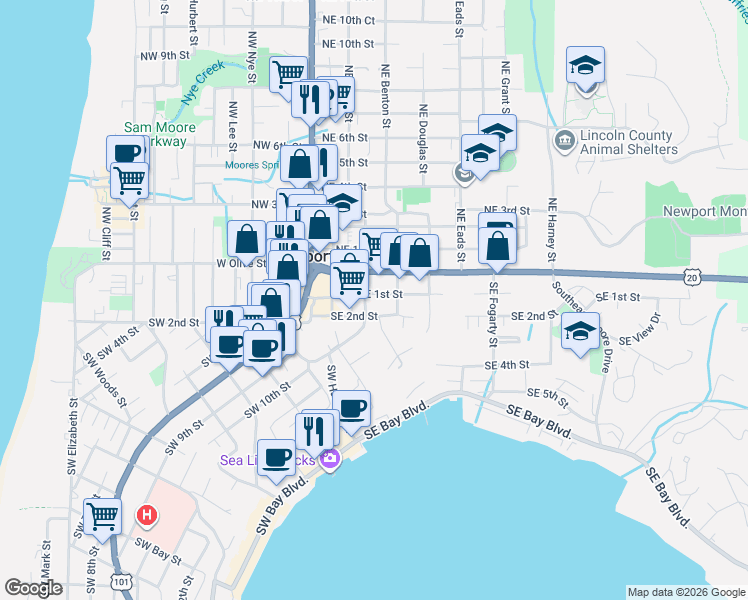 map of restaurants, bars, coffee shops, grocery stores, and more near 256 Southeast 1st Street in Newport