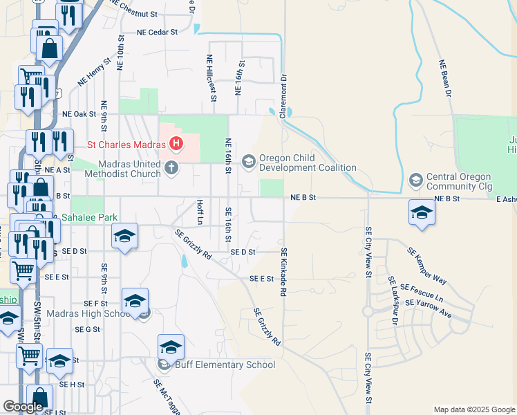 map of restaurants, bars, coffee shops, grocery stores, and more near 17 Southeast Revere Avenue in Madras