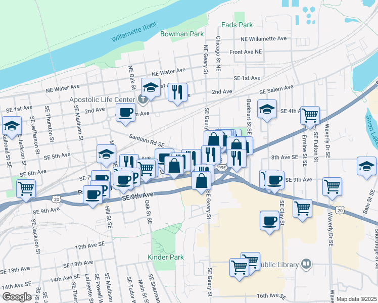 map of restaurants, bars, coffee shops, grocery stores, and more near 1605 Santiam Road Southeast in Albany
