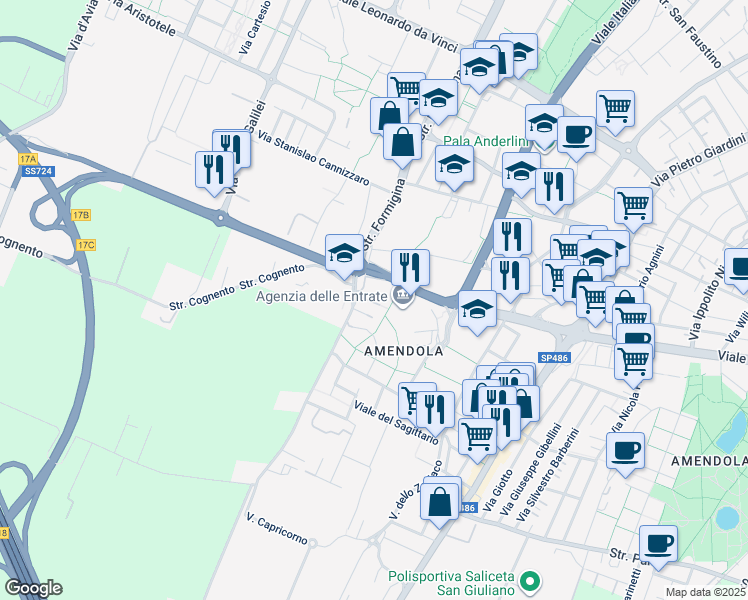 map of restaurants, bars, coffee shops, grocery stores, and more near 365 Strada Formigina in Modena