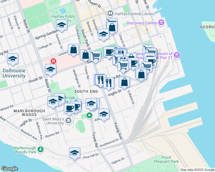 map of restaurants, bars, coffee shops, grocery stores, and more near 5681 Rhuland Street in Halifax